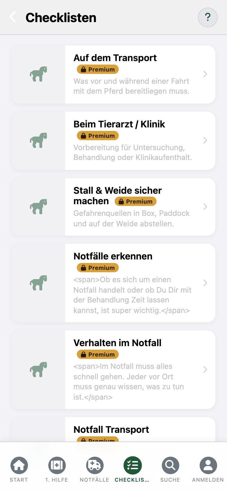 EquusCare: Liste der Checklisten
