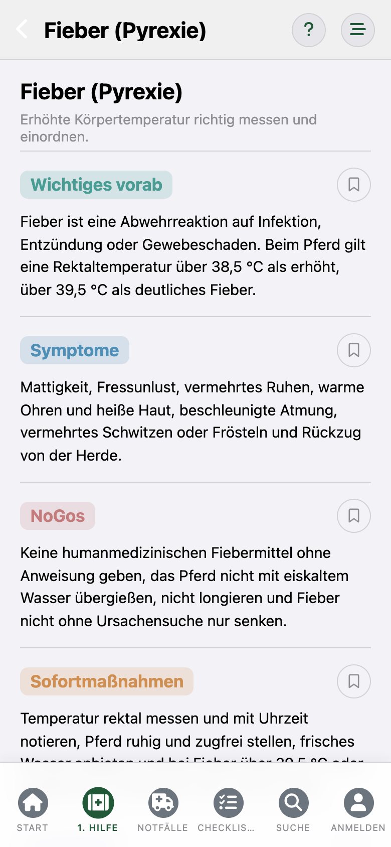 EquusCare: der Eintrag „Fieber“ mit den Abschnitten Wichtiges vorab, Symptome und NoGos