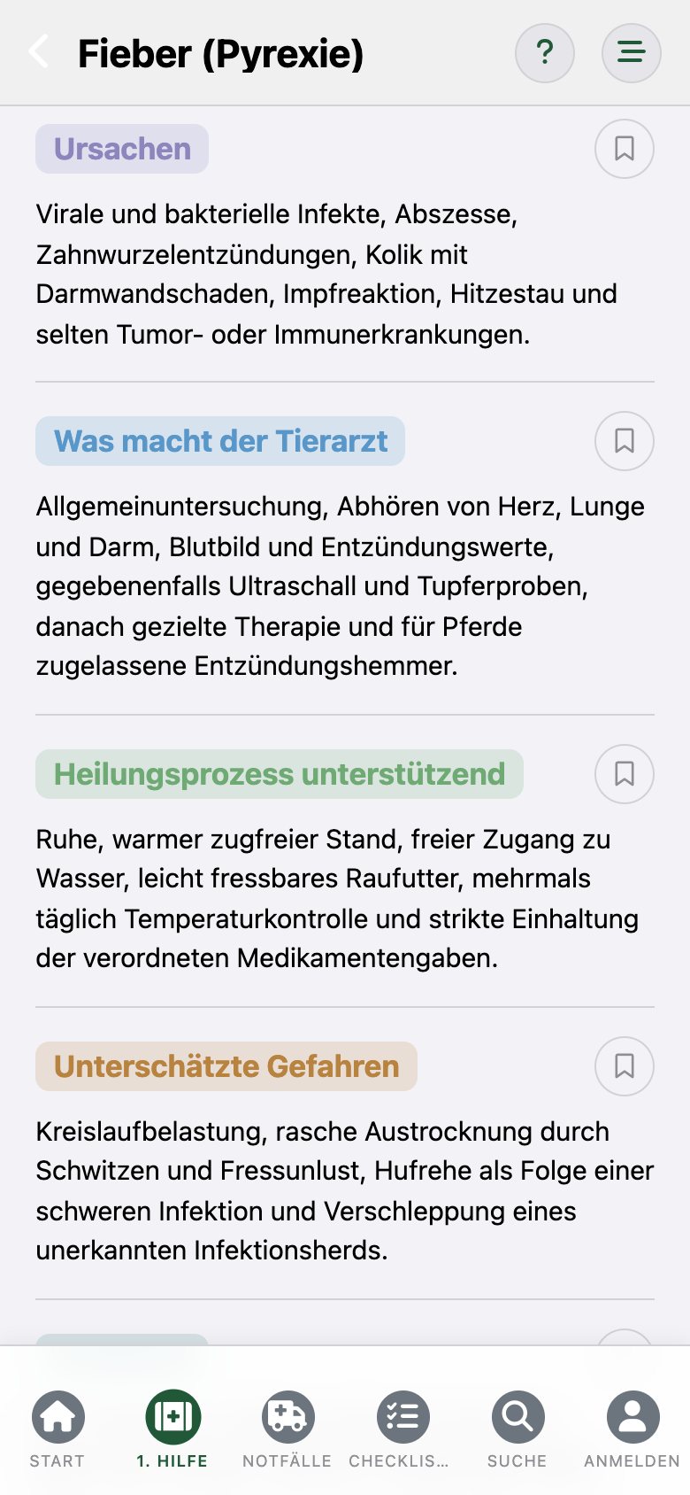 EquusCare: der Eintrag „Fieber“ mit den Abschnitten Ursachen und Was macht der Tierarzt
