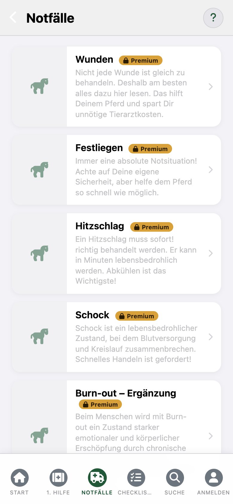 EquusCare: die Liste der Notfälle