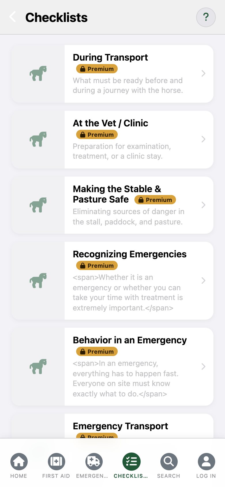 EquusCare: list of checklists