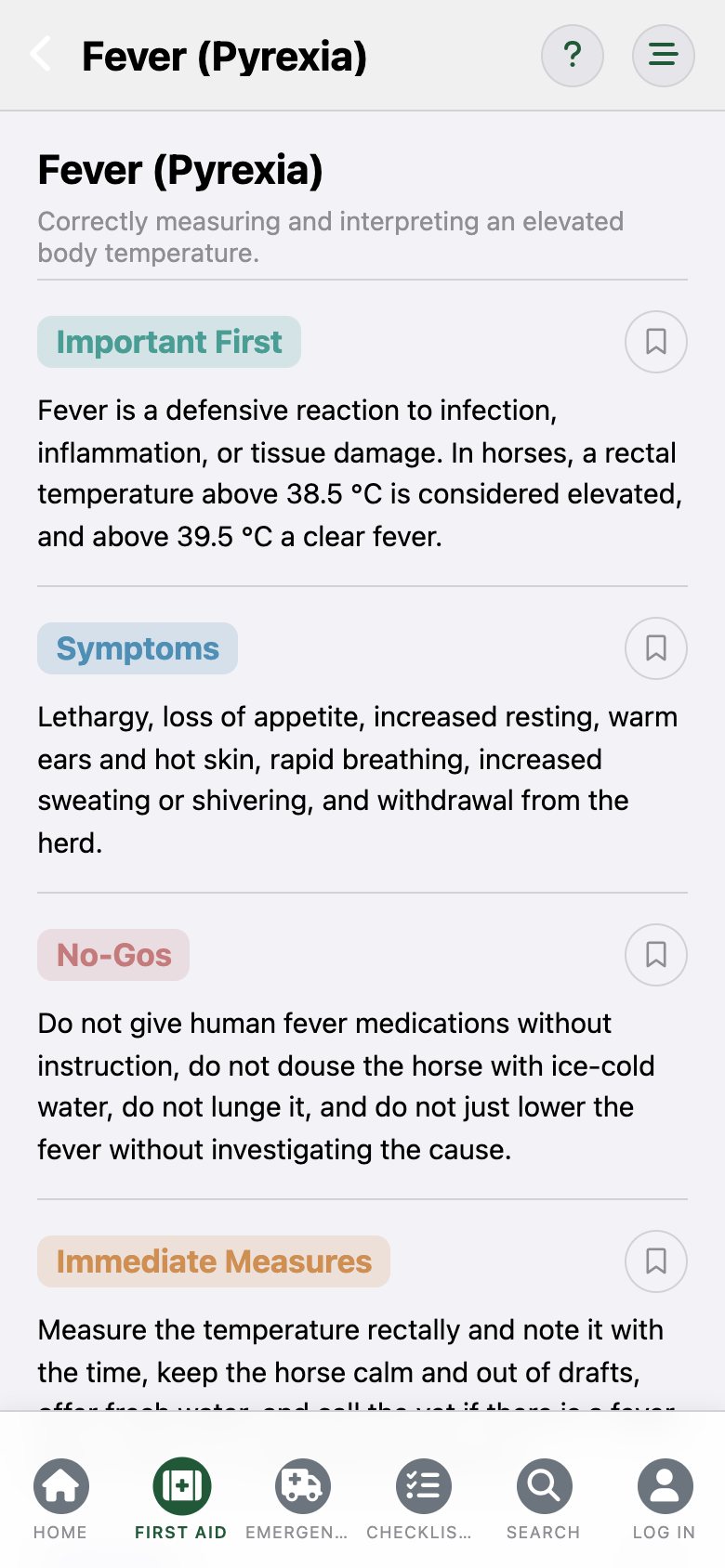 EquusCare: the entry "Fever" with the sections Important Information, Symptoms and No-Gos