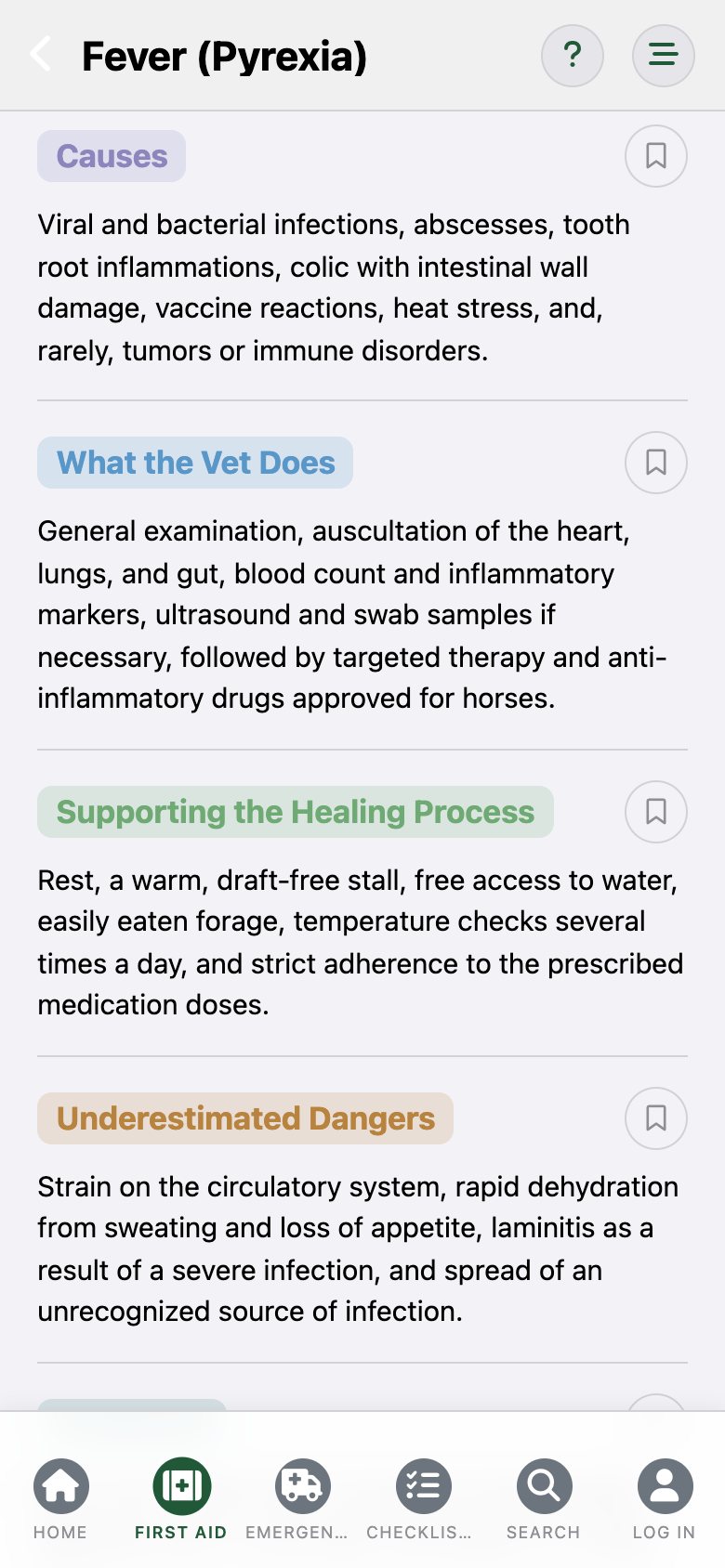 EquusCare: the entry "Fever" with the sections Causes and What the Vet Does