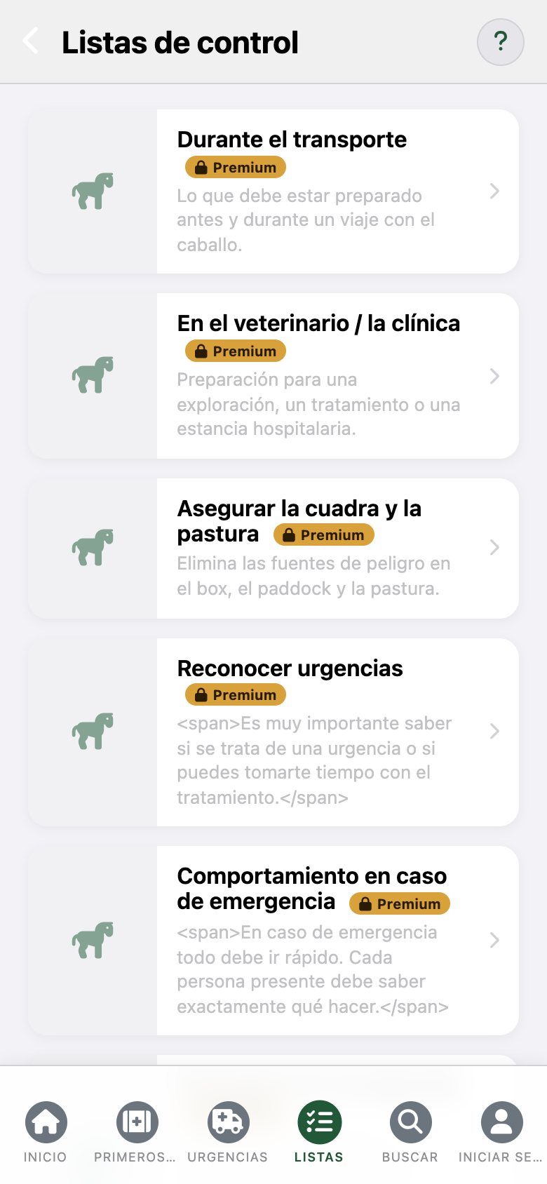 EquusCare: lista de listas de control