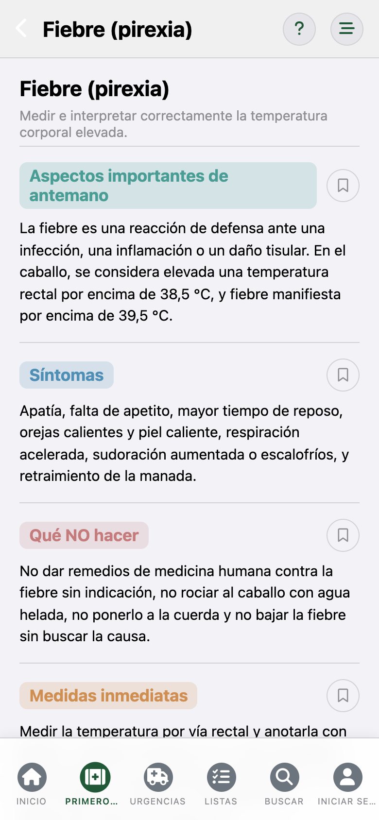 EquusCare: la entrada «Fiebre» con los apartados Aspectos importantes, Síntomas y Qué no hacer