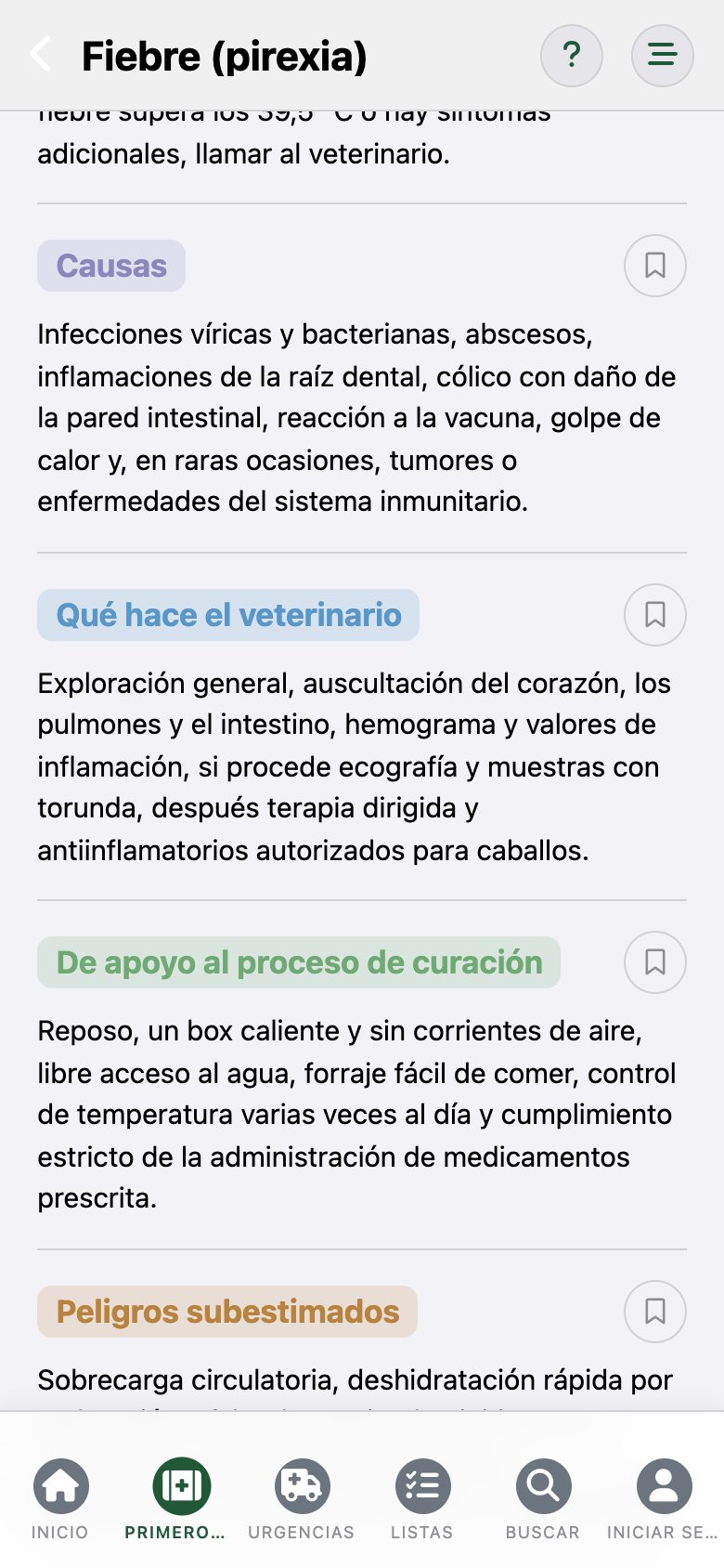 EquusCare: la entrada «Fiebre» con los apartados Causas y Qué hace el veterinario